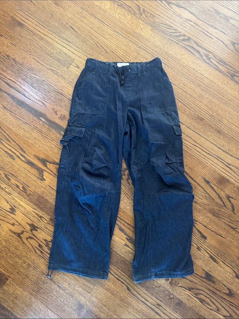 Miss Love dark wash barrel leg elastic waist cargo pants. Small.